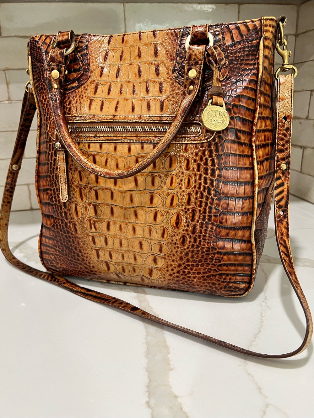 Vintage Brahmin Caroline Satchel Pecan Melbourne Croc-Embossed Leather